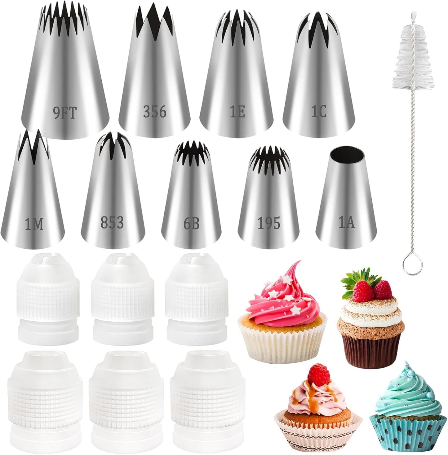 16pcs Large Piping Tips and Piping Couplers Set, Stainless Steel Cake Decorating Tips, Frosting Tips for Cupcakes Star Flower Shell Edge Rose Spiral Flower Decoration DIY Baking Supplies Tool
