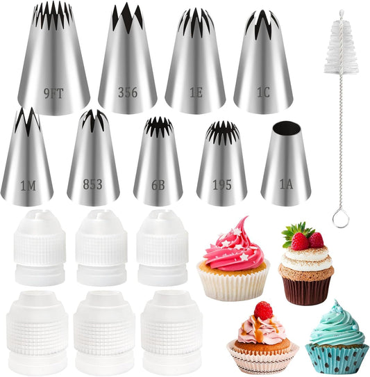 16pcs Large Piping Tips and Piping Couplers Set, Stainless Steel Cake Decorating Tips, Frosting Tips for Cupcakes Star Flower Shell Edge Rose Spiral Flower Decoration DIY Baking Supplies Tool
