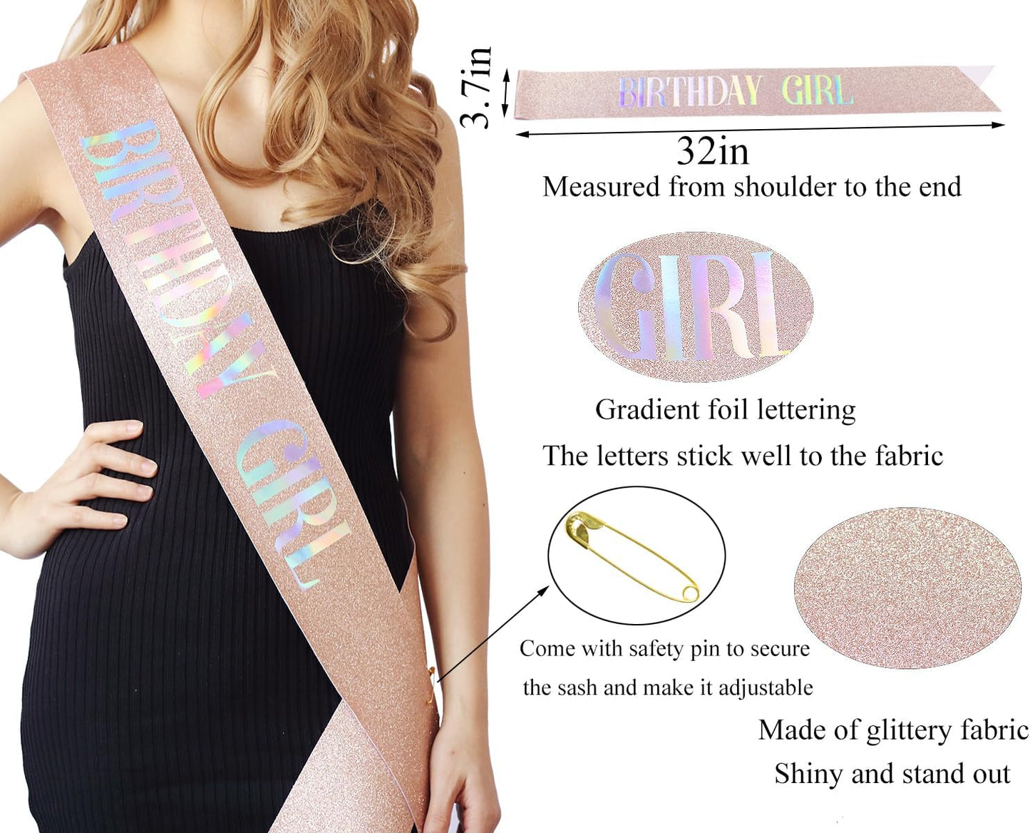 3 Pack Rose Gold Birthday Girl Sash and Rhinstone Headband Set for Women Glittery Cake Topper Happy Birthday Crown&Tiara Accessories Decorations Gifts for Kids.
