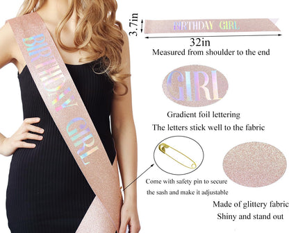 3 Pack Rose Gold Birthday Girl Sash and Rhinstone Headband Set for Women Glittery Cake Topper Happy Birthday Crown&Tiara Accessories Decorations Gifts for Kids.