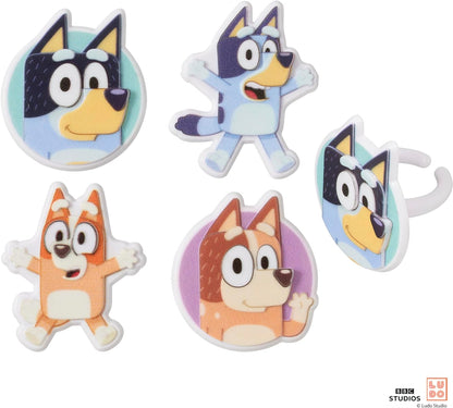 DecoPac Bluey So Much Fun Rings, 24 Cupcake Decorations Featuring Bluey, Bingo, Bandit, and Chilli, 3D Food Safe Cake Toppers – 24 Pack