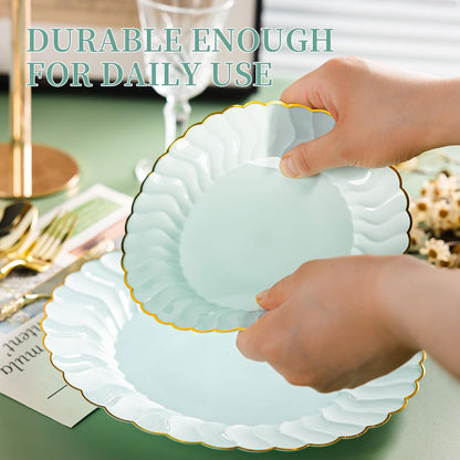 Lullaby 60PCS Ivory Scalloped Plastic Plates with Gold Rim, Disposable Elegant Plates Include 30pcs Dinner Plate 10.25", 30pcs Plastic Dessert Plate 7.5", Perfect for Wedding and Party