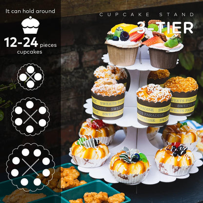 White Cupcake Stand Tower, 3-Tier Cardboard Dessert Display with Heart Handle,Perfect for Birthday Baby Shower Wedding Tea Party Graduation, Easy 60-Second Assembly, Holds 12+Cupcakes (1-Pack)