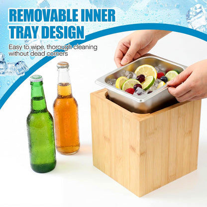 Ice Housing Bin with Removable Tray Ice Holder Container Wine Beer Champagne Drink Bucket Beverage Tub for Freezer Display Buffet Bar Counter Party Drink Chiller(Bamboo and Steel,21" X 13" X 5.5")