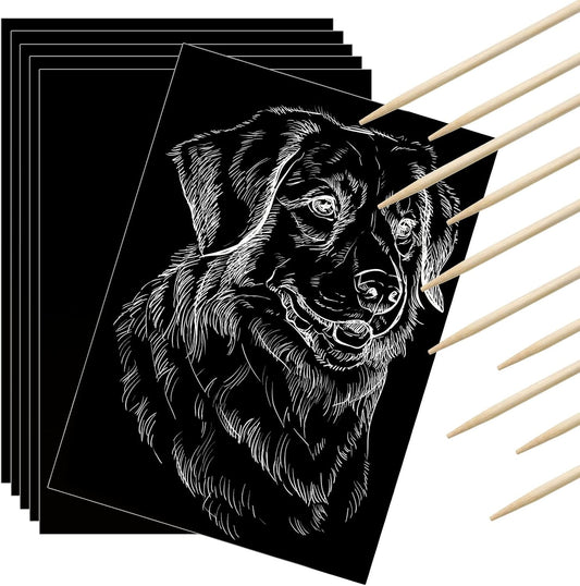 Gersoniel 60 Pieces Scratch Paper Craft Art Set Adults Scratchboard Kits 7.2 x 5 Inch Black Scratch Off Paper Scratchboard Pad Art Supplies with Wooden Stylus for DIY Birthday Party Gift Supplies