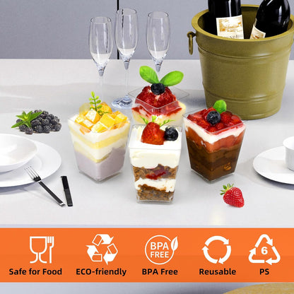 5-ounce transparent square dessert Cups (50 dessert Cups+50 Spoons)