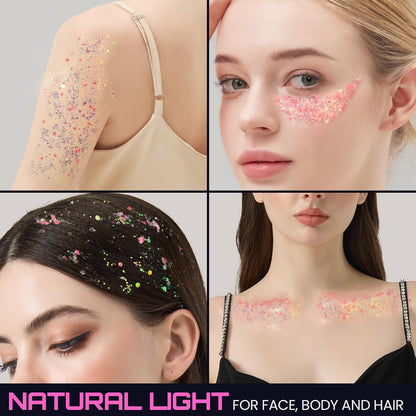 Teenitor 6 Colors Glow in The Dark Glitter Gel, Face Glitter Gel, Body Glitter Hair Glitter for Carnival Makeup UV Black Light Party Cheer Raves Festivals
