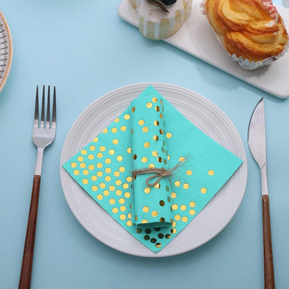 100PCS Blue Party Napkins Gold Dot Cocktail Paper Napkins Beverage Napkin for Birthday Wedding Dinner Disposable Supplies