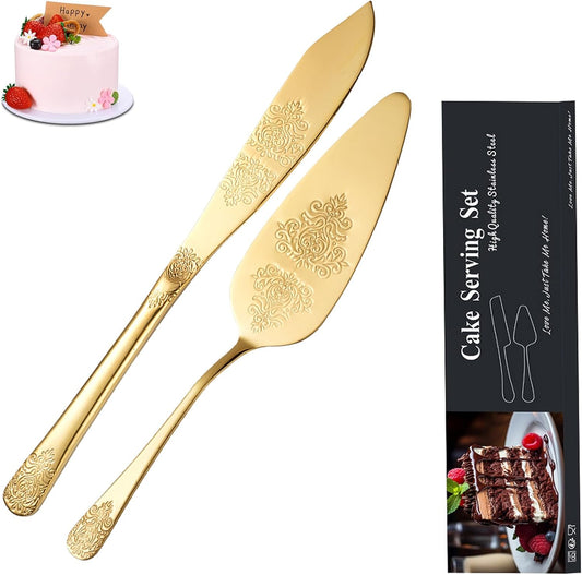 Cake Cutting Set for Wedding, Elegant Cake Knife and Server Set with Thickened Stainless Steel Rounded Edges, Cake Cutter Pie Spatula for Birthday Anniversary Christmas 2 Pcs Silver
