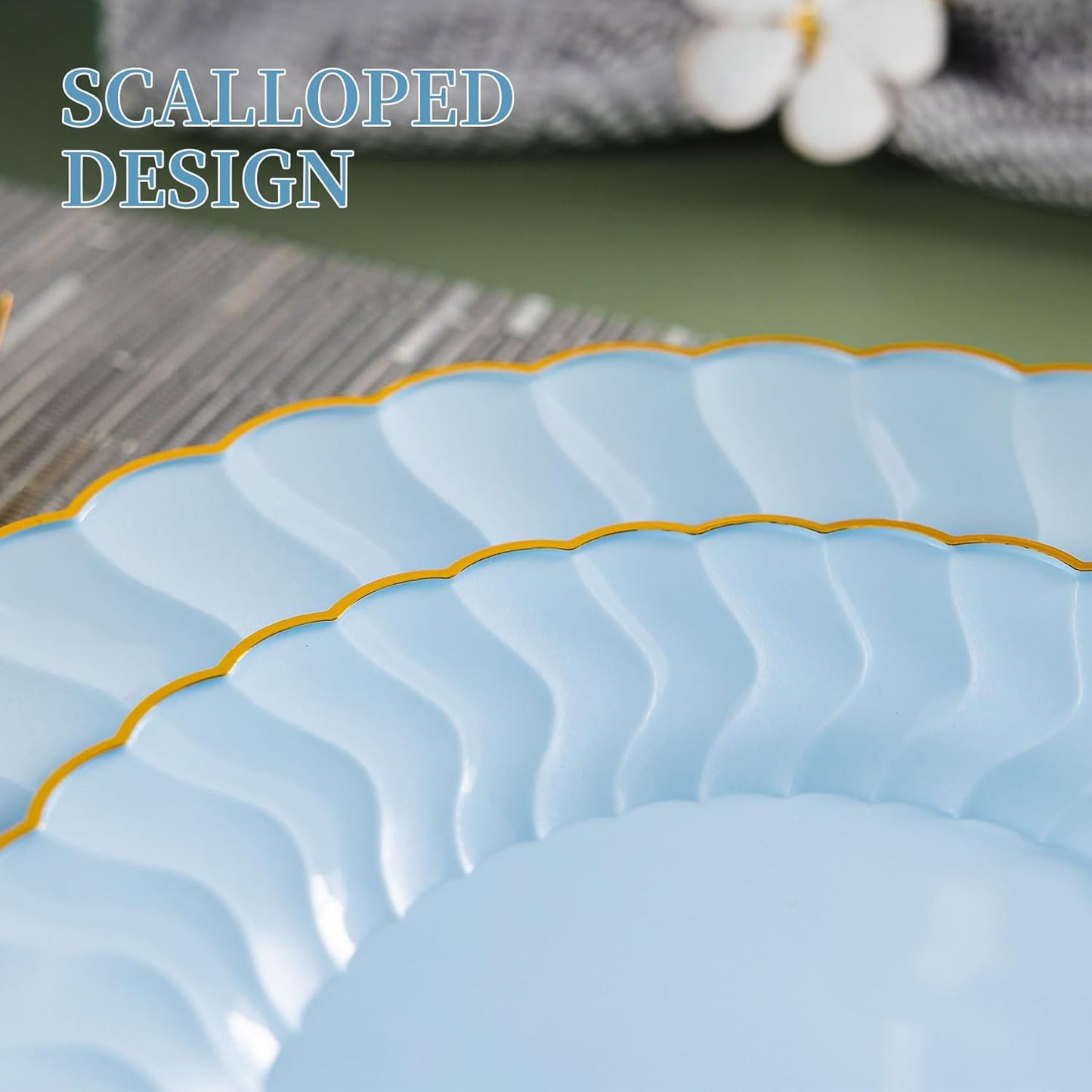 Lullaby 60PCS Ivory Scalloped Plastic Plates with Gold Rim, Disposable Elegant Plates Include 30pcs Dinner Plate 10.25", 30pcs Plastic Dessert Plate 7.5", Perfect for Wedding and Party