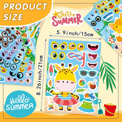24 Sheets Summer Stickers for Kids Toddlers, Make-a-face Stickers for Kids Classroom Make Your Own Animal Mix & Match Sticker, Pool Beach Luau Hawaii Sticker, Summer Holiday Party Favors