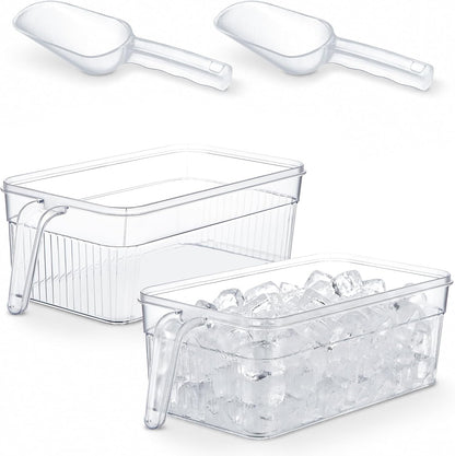 Havawish Ice Storage Bin and Flexible Scoop Set Plastic Freezer Bin with Pull Out Handle Storage Bucket Clear for Container with Scoop(Grey,10.83 x 4.92 x 4.33 in,Classic)