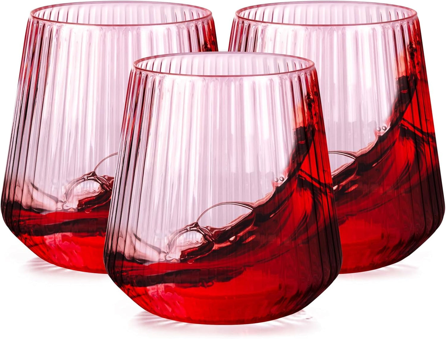 Ciaell 30 Pack Pink Plastic Ribbed Wine Glasses, 12 OZ Origami Stemless Disposable Wine Champagne Whiskey Glasses Unbreakable Clear Plastic Cocktail Glasses, Wine Cups for Party Wedding
