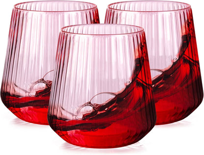 Ciaell 30 Pack Pink Plastic Ribbed Wine Glasses, 12 OZ Origami Stemless Disposable Wine Champagne Whiskey Glasses Unbreakable Clear Plastic Cocktail Glasses, Wine Cups for Party Wedding