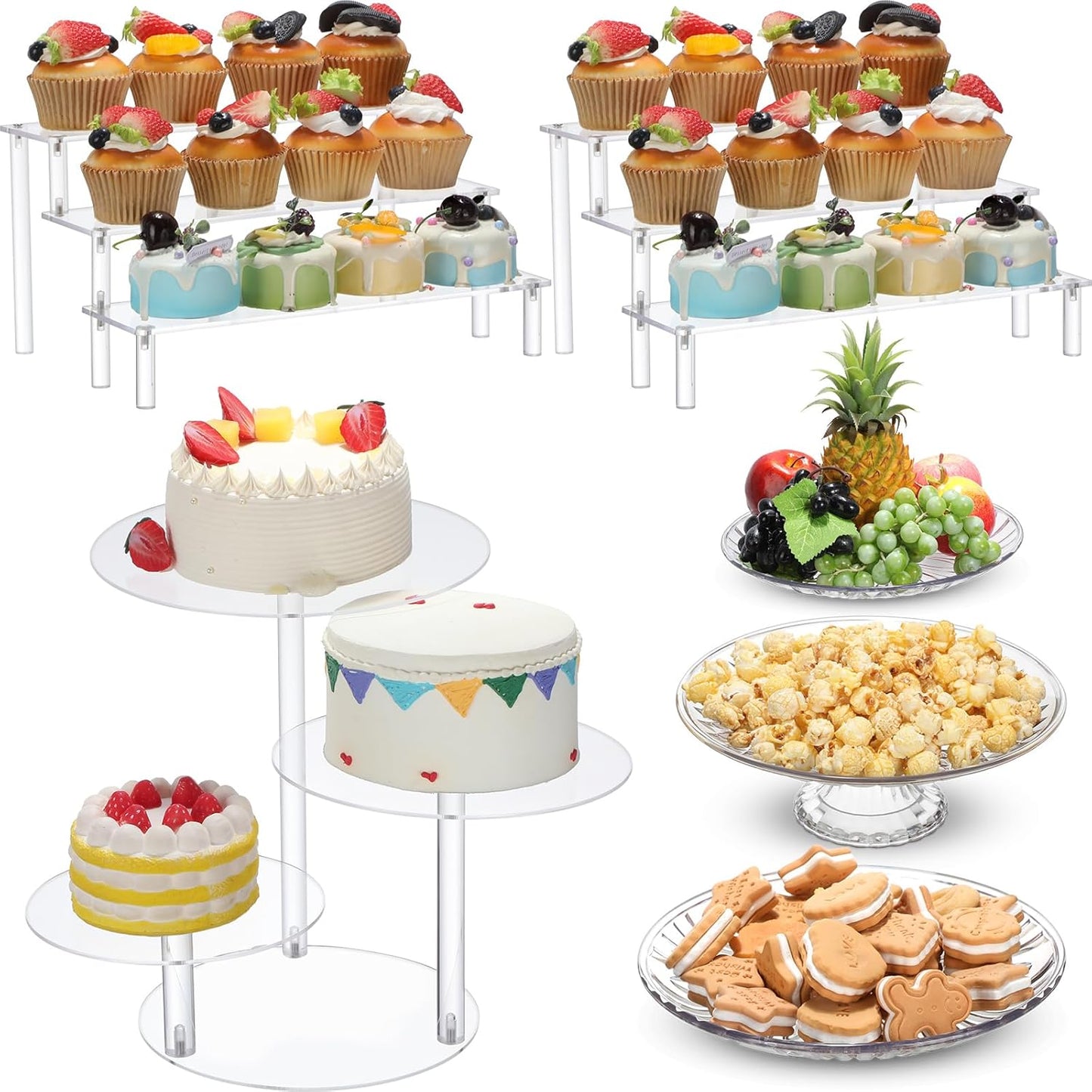 6 Pcs Acrylic Dessert Stands Set Include Display Risers Cupcake Tower and Clear Round Dessert Trays Cake Table Holder for Wedding Baby Shower Decoration(Classic Style)