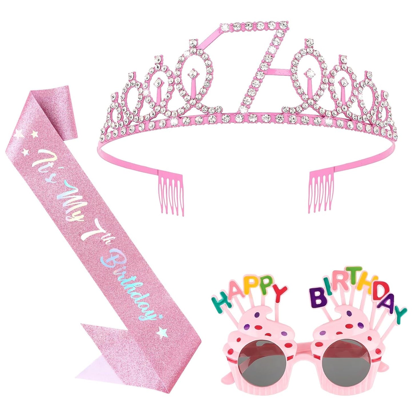 YARIEW 3rd Birthday Decorations, 3rd Glitter Purple Sash and Crown Kit with Happy Birthday Sunglasses, Tiara Princess Crown and Sash Party Outfit Accessory