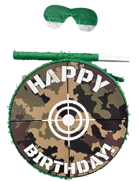 APINATA4U Green Camouflage Target Pinata Set with Stick and Blindfold, 16x4 Inches, Hunting Game Party Supplies, Happy Birthday Bullseye Decorations for Kids, Dart Gun and Army Themed Party