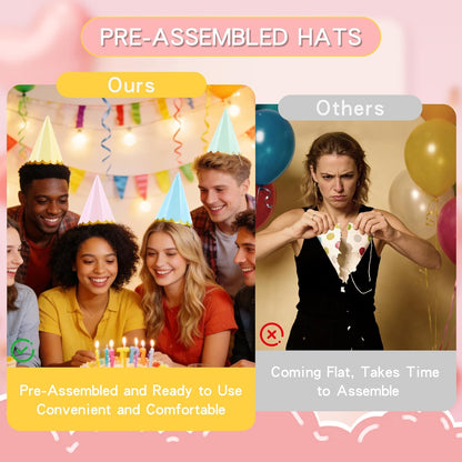 CANREVEL 24 PCS Pre-Assembled Party Hats for Adults, Party Decorations Supply Headwear Celebration for Women Men