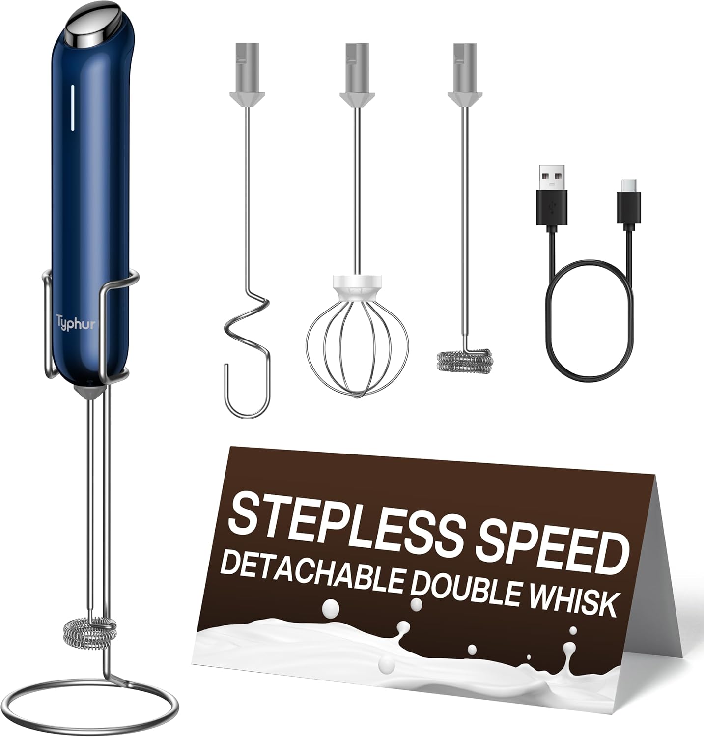 InstaWhisk Milk Frother with Variable Speed, Rechargeable Coffee Frother Wand with Detachable Double Whisk, Drink Mixer Handheld Electric Stirrer for Latte, Cappuccino, Matcha, Almond Milk, Protein