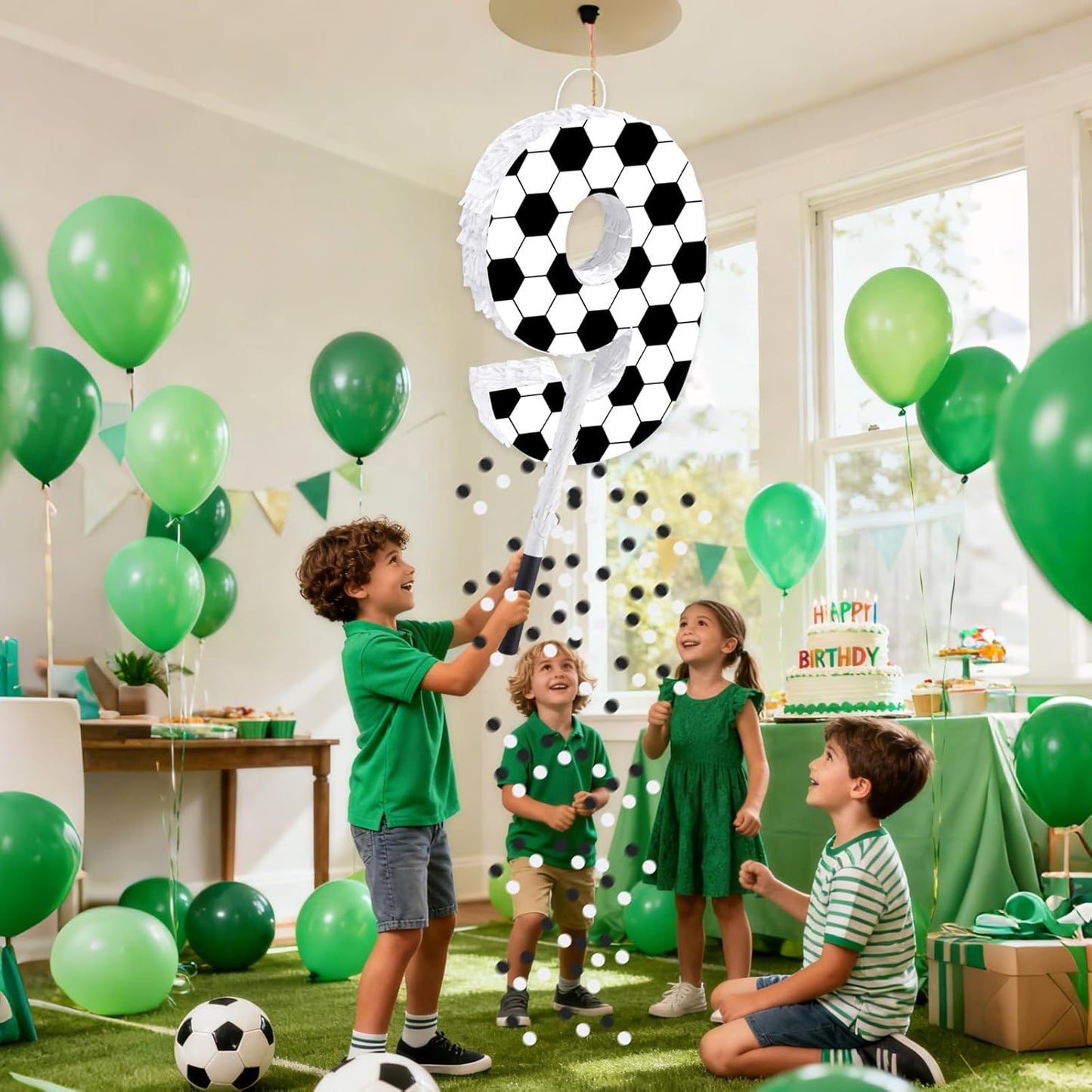 16Inch Soccer Ball Number 9 Piñata Includes Wooden Stick, Blindfold, and Confetti for for Kids 7th Anniversary Sport Themed Party Birthday Supplies