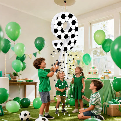 16Inch Soccer Ball Number 9 Piñata Includes Wooden Stick, Blindfold, and Confetti for for Kids 7th Anniversary Sport Themed Party Birthday Supplies