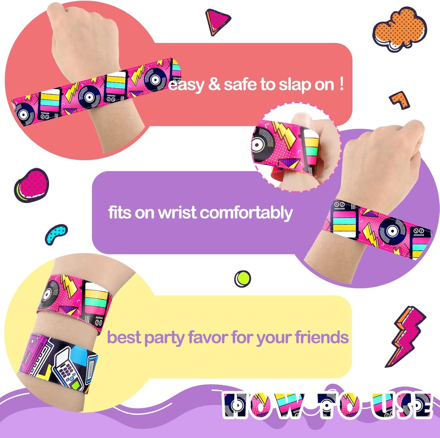 Sinmoe 86 Pcs 80s 90s Party Favors Slap Bracelets Bulk Back to 80s Throwback Theme Party Favors Snap Bracelets with Retro Stickers for Adults Decorations