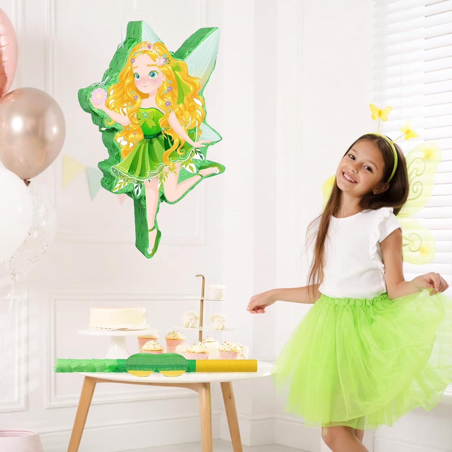 VioraWhite Fairy Piñata Princess Birthday Decorations Fairy Party Piñata Set with Stick and Blindfold for Girls Kids Butterfly Birthday Party Game Decorations Supplies