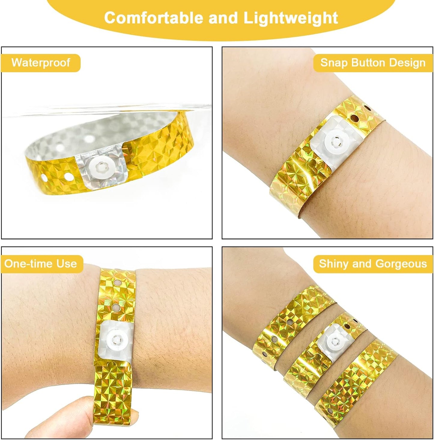 OUCHAN Holographic Plastic Wristbands Gold - 100 Pack Wristbands For Events Parties