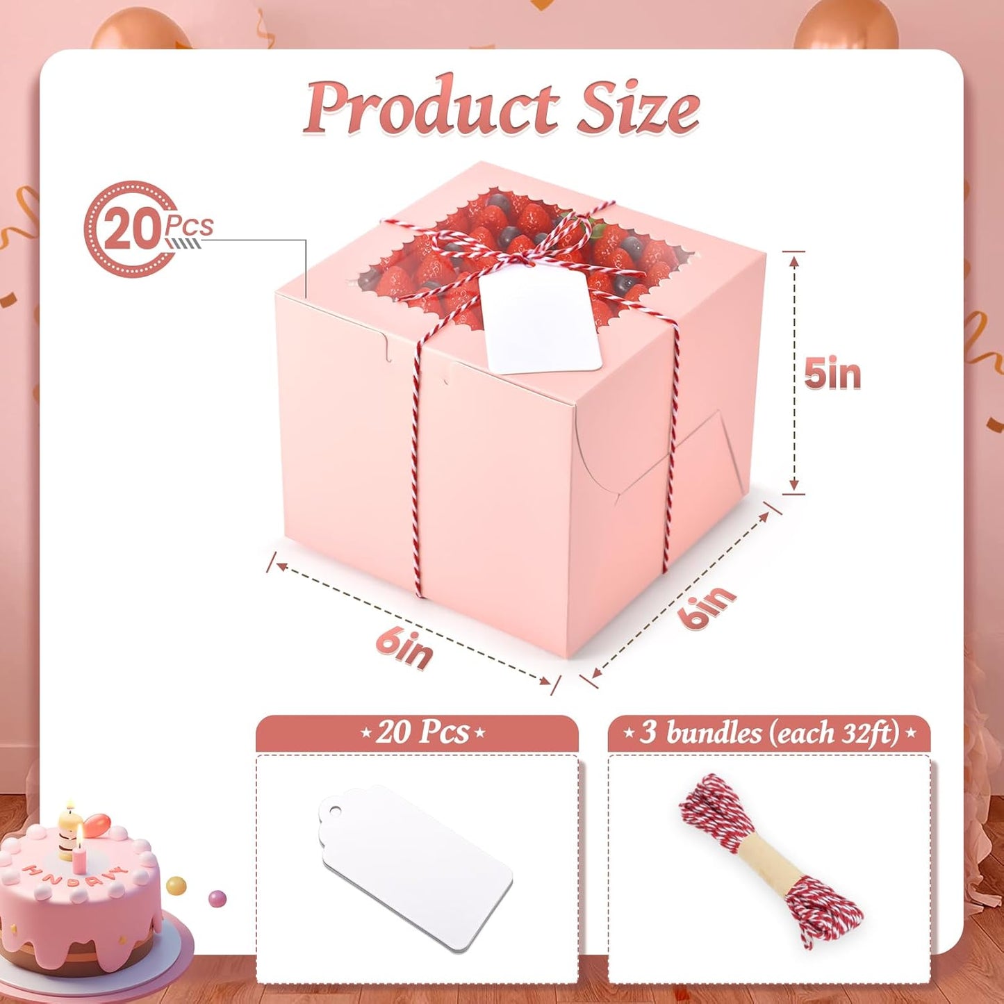 20Pcs 8 Inch Cake Boxes with Window, 8x8x5 Inches Brown Bakery Boxes, Cake Carrier Container for Pastries, Pie, Cookies, Chocolates, Cupcakes, Birthday Party, Wedding