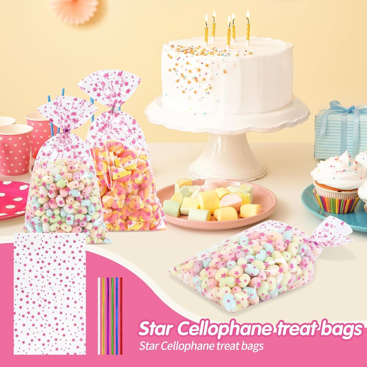 100 Pcs Star Printed 5"X 7" Gift Wrap Cello Cellophane Treat Bags Party Favor bags Clear Candy Cookie Bag Plastic Poly Goodie Storage Bag with Twist Ties for Bakery,Birthday, Wedding ,Party Decorations (Gold)