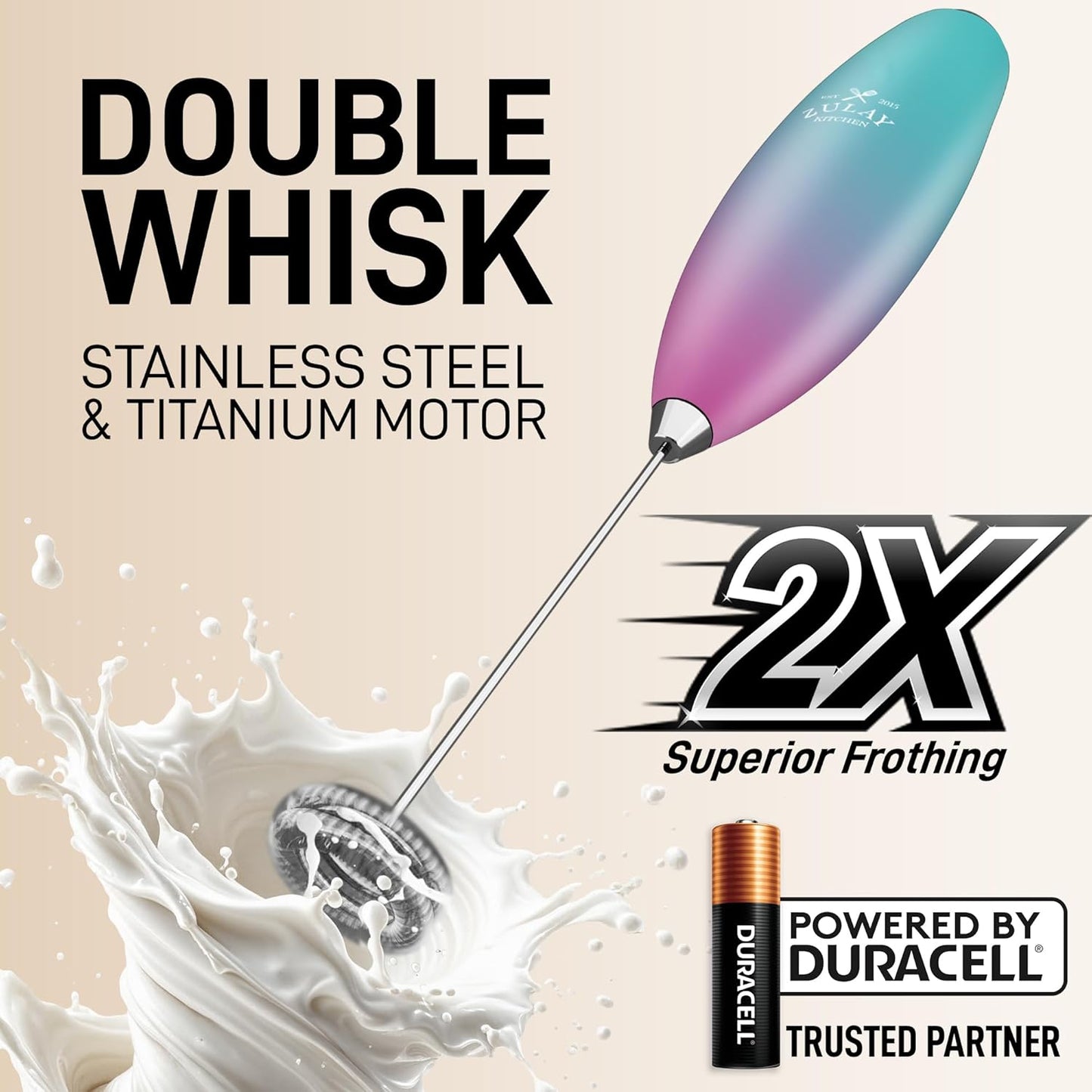 Zulay Kitchen Powerful Milk Frother Wand With Duracell Batteries - Ultra Fast Handheld Drink Mixer - Electric Whisk Foam Maker for Coffee, Lattes, Cappuccino & Matcha - Z1 Motor - Black - Colors B