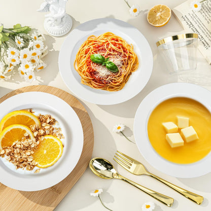 BESTVIP 100 Pack Plastic Bowls with Gold Rim, 12 oz Disposable Soup Bowls, Heavy-duty Dessert Salad Bowl for Party, Wedding, Christmas, Dinner, Catering