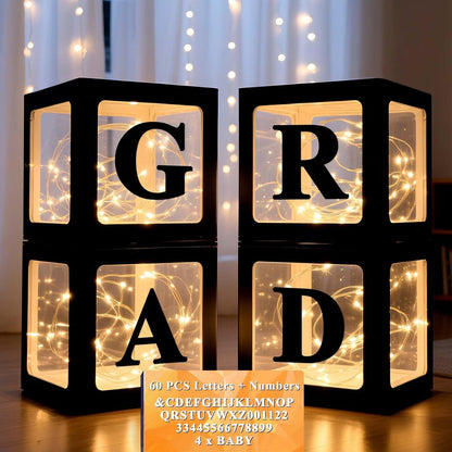 Ledido Transparent Balloon Boxes, Clear Balloon Boxes with 5 Pcs String Lights and 78 Letters for Baby Shower Gender Reveal 2026 New Year Grad Party Birthday Anniversary Bridal Decor - 5 White Boxes