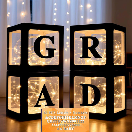 Ledido Transparent Balloon Boxes, Clear Balloon Boxes with 5 Pcs String Lights and 78 Letters for Baby Shower Gender Reveal 2026 New Year Grad Party Birthday Anniversary Bridal Decor - 5 White Boxes