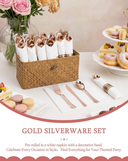 Supernal 240 Silver Plastic Silverware Set - 60 Sets Pre Rolled Napkins with Cutlery - Mirror Polished Real Look Disposable Silver Utensils- Elegant Heavy Duty Flatware for Weddings & Catering