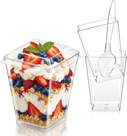 50Pack 5oz Plastic Dessert Cups with Lids and Spoons, Clear Parfait Appetizer Cups for Party, Mini Shooter Serving Cup, Square Dessert Shot Glasses for Tasting