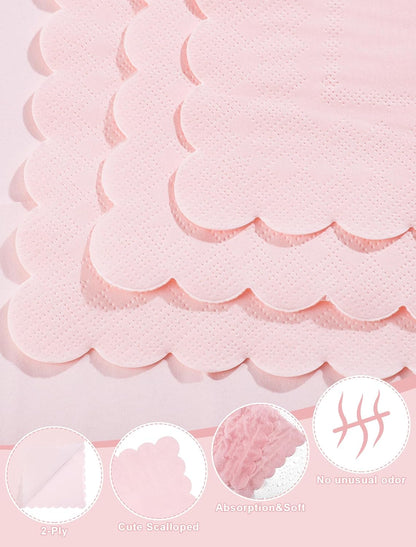 NatNarr 120 Pcs Cocktail Napkins Pink Mothers Day Paper Napkins Light Pink Dessert Beverage Napkin Cute Scalloped Party Napkin for Baby Bridal Shower, Birthday, 5 x 5 Inch