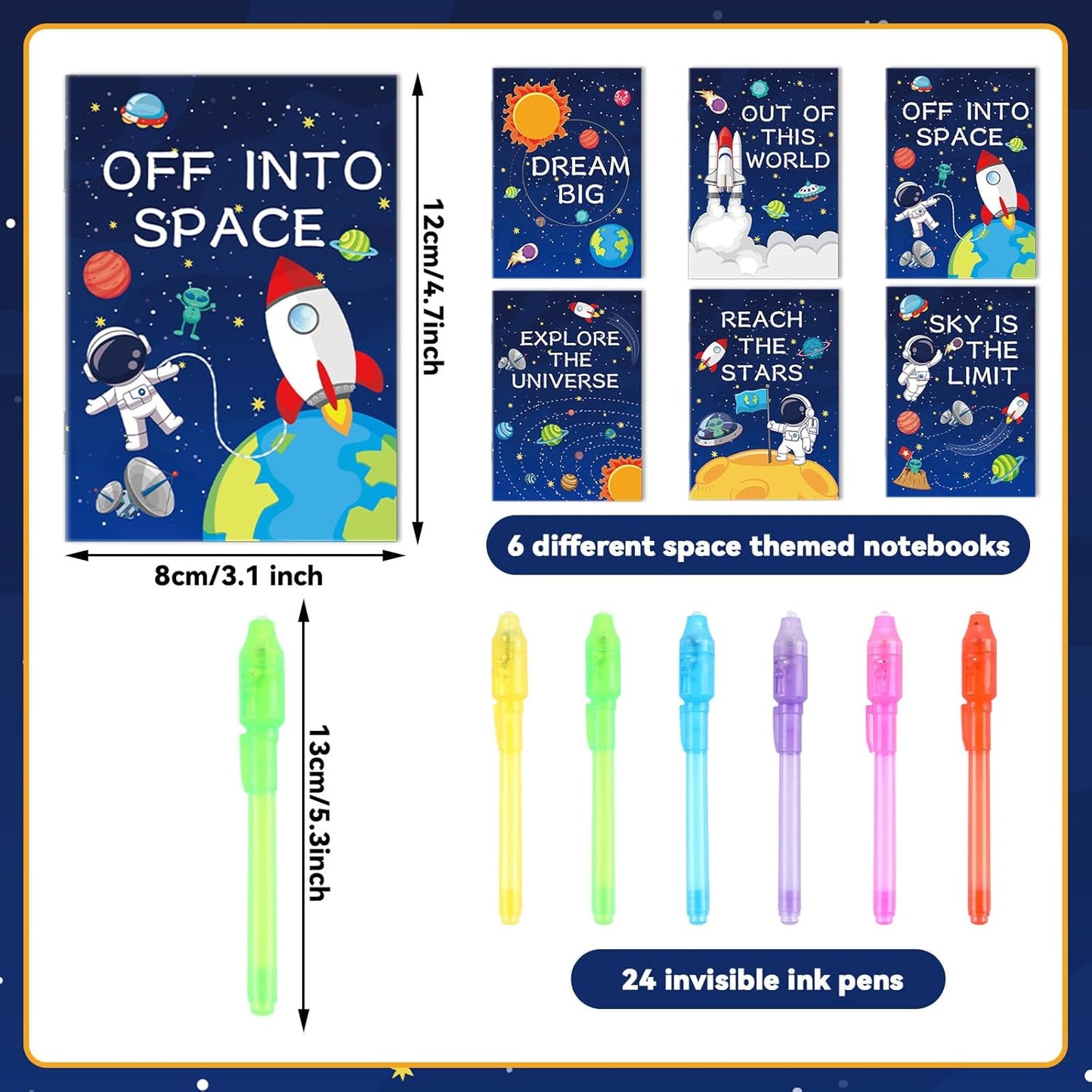 ZOIWA 48Pcs Outer Space Party Favors Notepads with Invisible Ink Pen Astronaut Party Favors Magic Spy Pens with Light Mini Space Notebooks for Kids Solar System Galaxy Party Gifts Goodie Bags Stuffers
