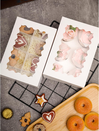 qiqee Auto-pop Up Cupcake Boxes with Window White 40PCS 12 Count Cupcake Box 13"x10"x3.5" Cupcakes Carrier, 12 Cupcake Containers with 2 rolls of pink ribbons