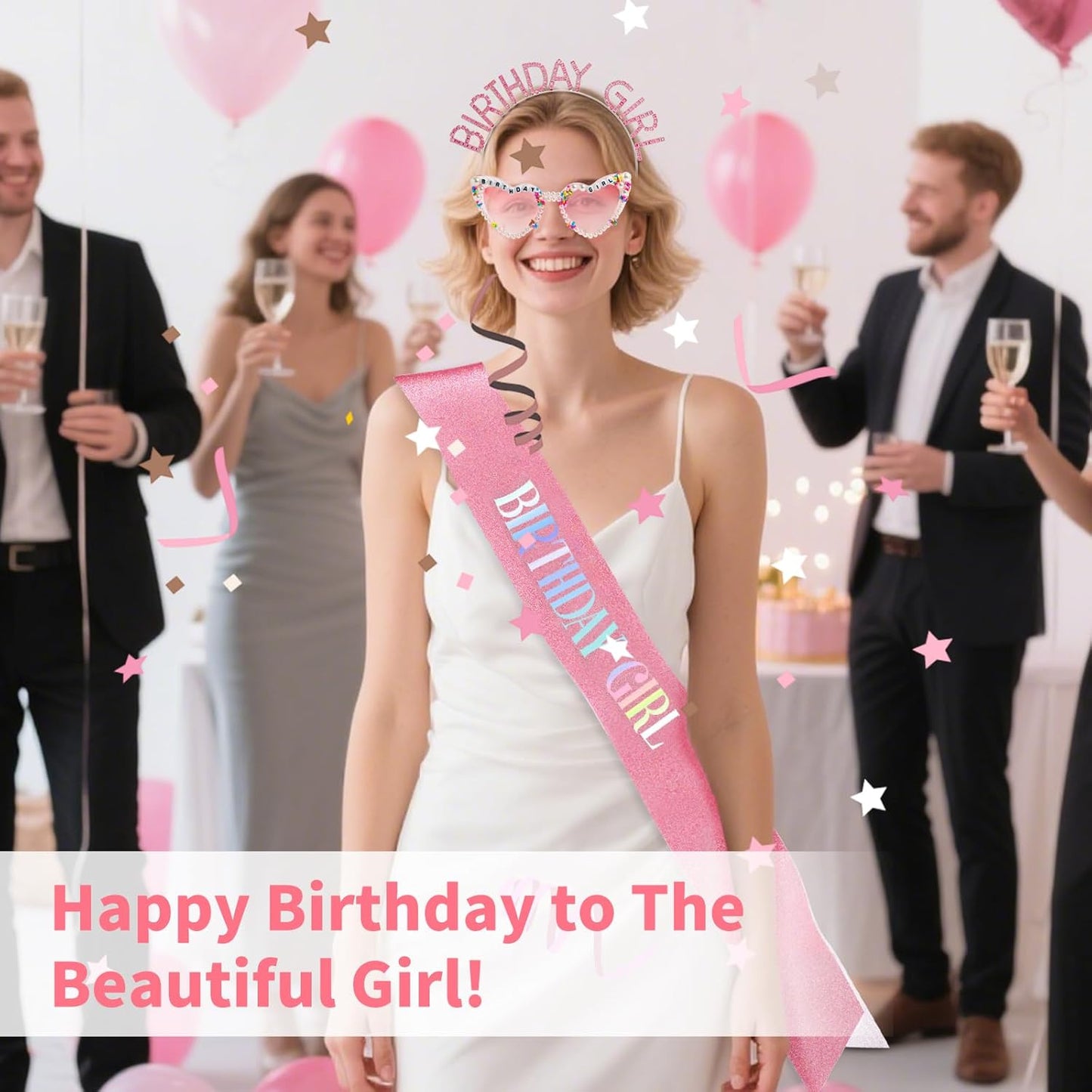 3Pcs Birthday Girl Sash Headband Set-Birthday Sash Tiara and Crown Sunglasses for Girls Women