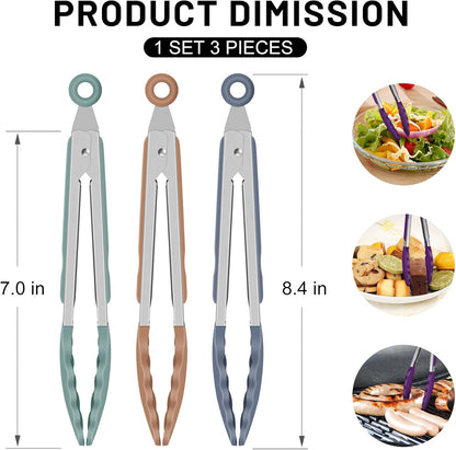 Hotec Mini Silicone Kitchen Tongs for Cooking - 7-Inch Small Serving Tongs with Silicone Tips, Set of 3 (Blue)