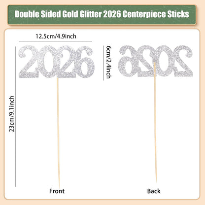 12 Pieces Glitter 2026 Centerpiece Sticks Black Double Sided 2026 Graduation Party Sticks 2026 Floral Picks Table Centerpiece Topper for 2026 Graduation New Year Party Decoration Supplies,4.9x9.1"
