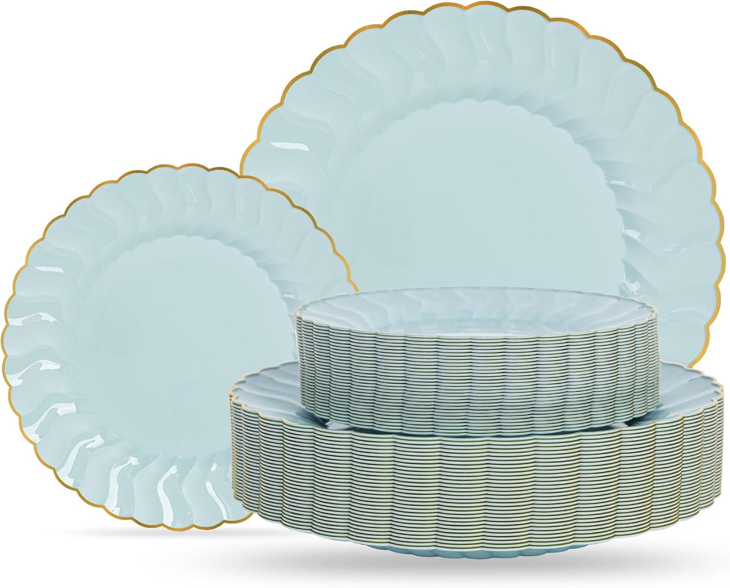 Lullaby 60PCS Ivory Scalloped Plastic Plates with Gold Rim, Disposable Elegant Plates Include 30pcs Dinner Plate 10.25", 30pcs Plastic Dessert Plate 7.5", Perfect for Wedding and Party