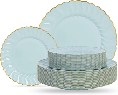 Lullaby 60PCS Ivory Scalloped Plastic Plates with Gold Rim, Disposable Elegant Plates Include 30pcs Dinner Plate 10.25", 30pcs Plastic Dessert Plate 7.5", Perfect for Wedding and Party