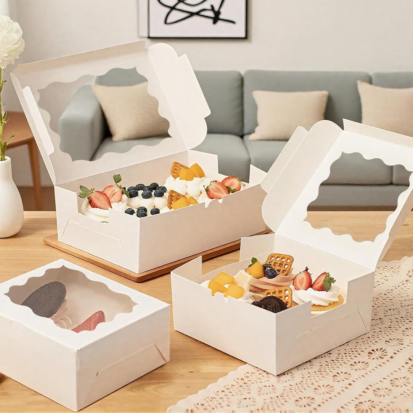 30pcs Cookie Boxes with Window, 6x6x3 Inches White Bakery Boxes, 36 Pcs Stickers,for Small Cookies, Treats, Candy, Desserts, Chocolate Covered Strawberries,Mini Cake Boxes
