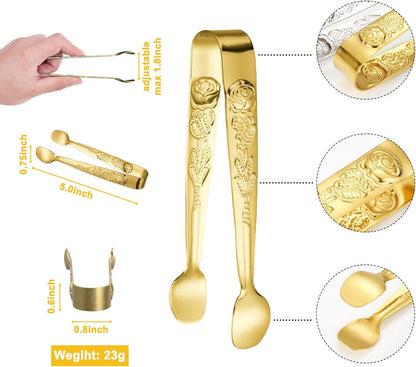 HINMAY 6PCS Mini Serving Tongs 4 Inches Small Rose Sugar Cube Tongs (Gold)