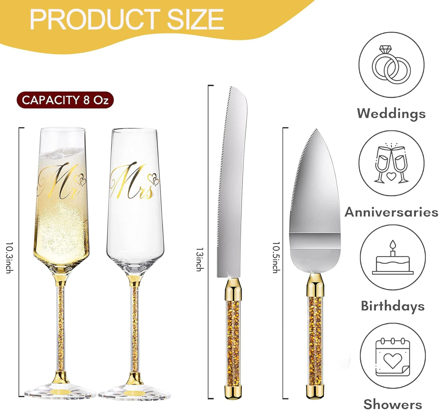 Wedding Cake Knife and Server Set, Mr and Champagne Flutes with Wedding Cake Cutting Set for Bride and Groom Toasting (Clear)