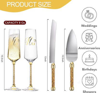 Wedding Cake Knife and Server Set, Mr and Champagne Flutes with Wedding Cake Cutting Set for Bride and Groom Toasting (Clear)