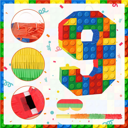 Number 7 Pinata Building Blocks with Pinata Stick Blindfold 7th Birthday Party Decorations Happy Birthday Building Block Theme Anniversary Party Supplies for Kids (Small, 16 x 10.6 x 3 in)
