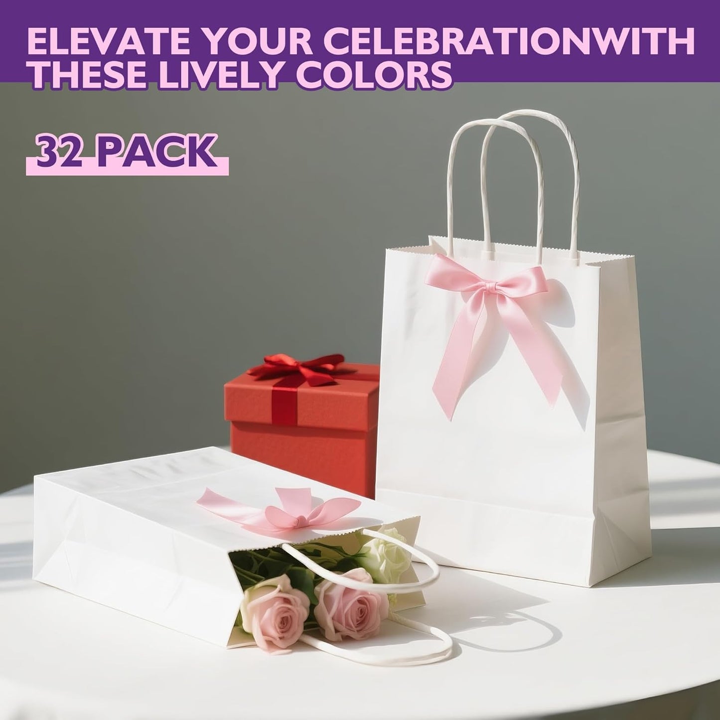 32 Pack Paper Gift Bags with Handles, 5.8"×3.2"×8.25" Party Favor Bags, Gift Bags, Small Gift Bags with Handles, Party Bags, Small Goodie Bags Bulk for Birthday, Crafts, Wedding, Party Supplies (8 Colors)